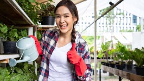 Young asian woman using watering can in green house.