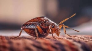 Closeup shot of a bed bug on brown mattress