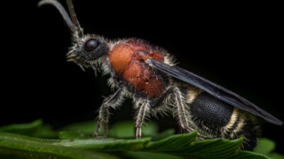 Macro of a male velvet ant on a leaf