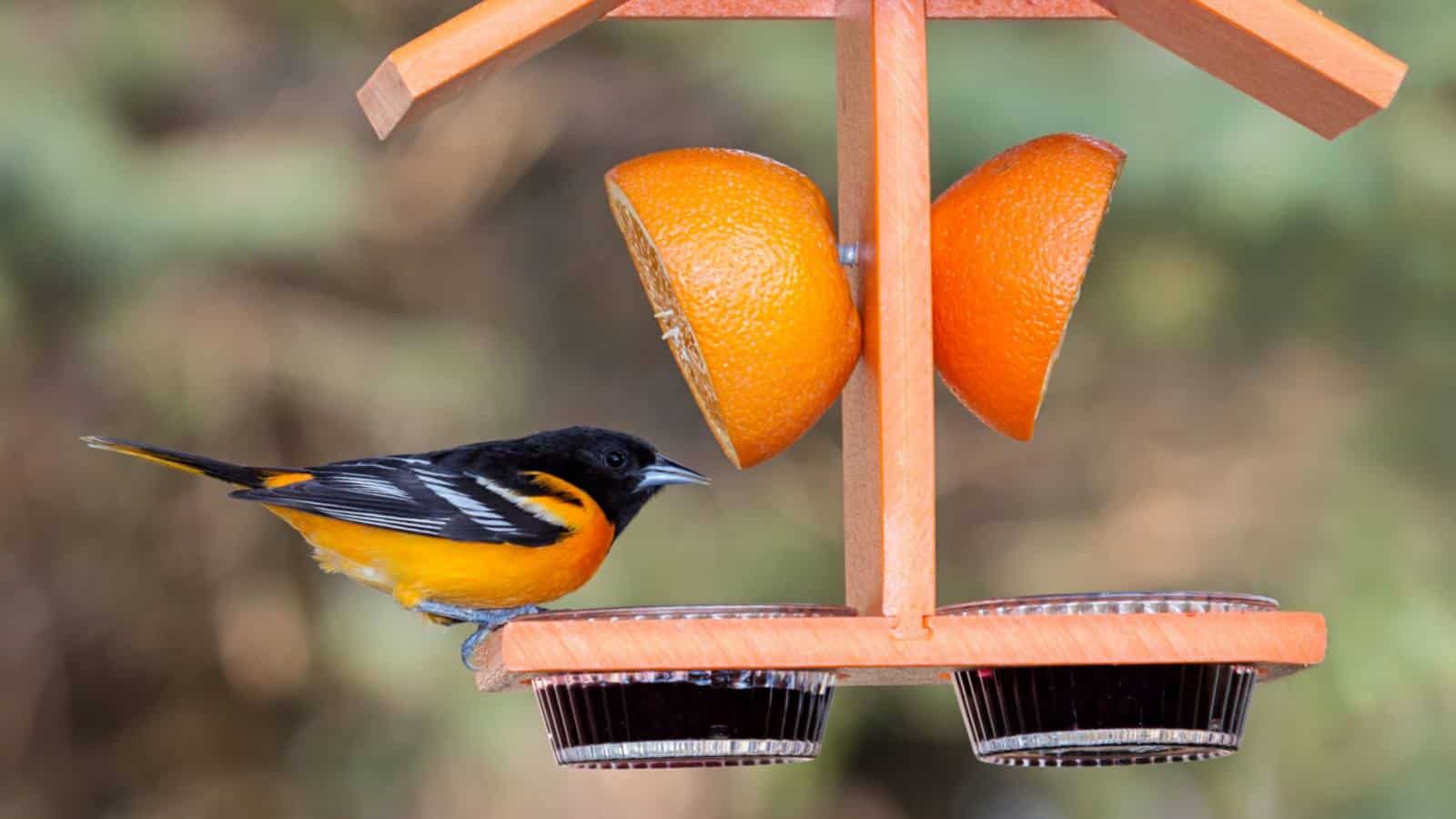 Oriole perching on an oriole feeder
