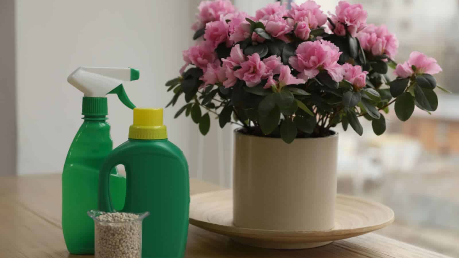 Pink azalea on a white pot on the table with different types of fertilizer