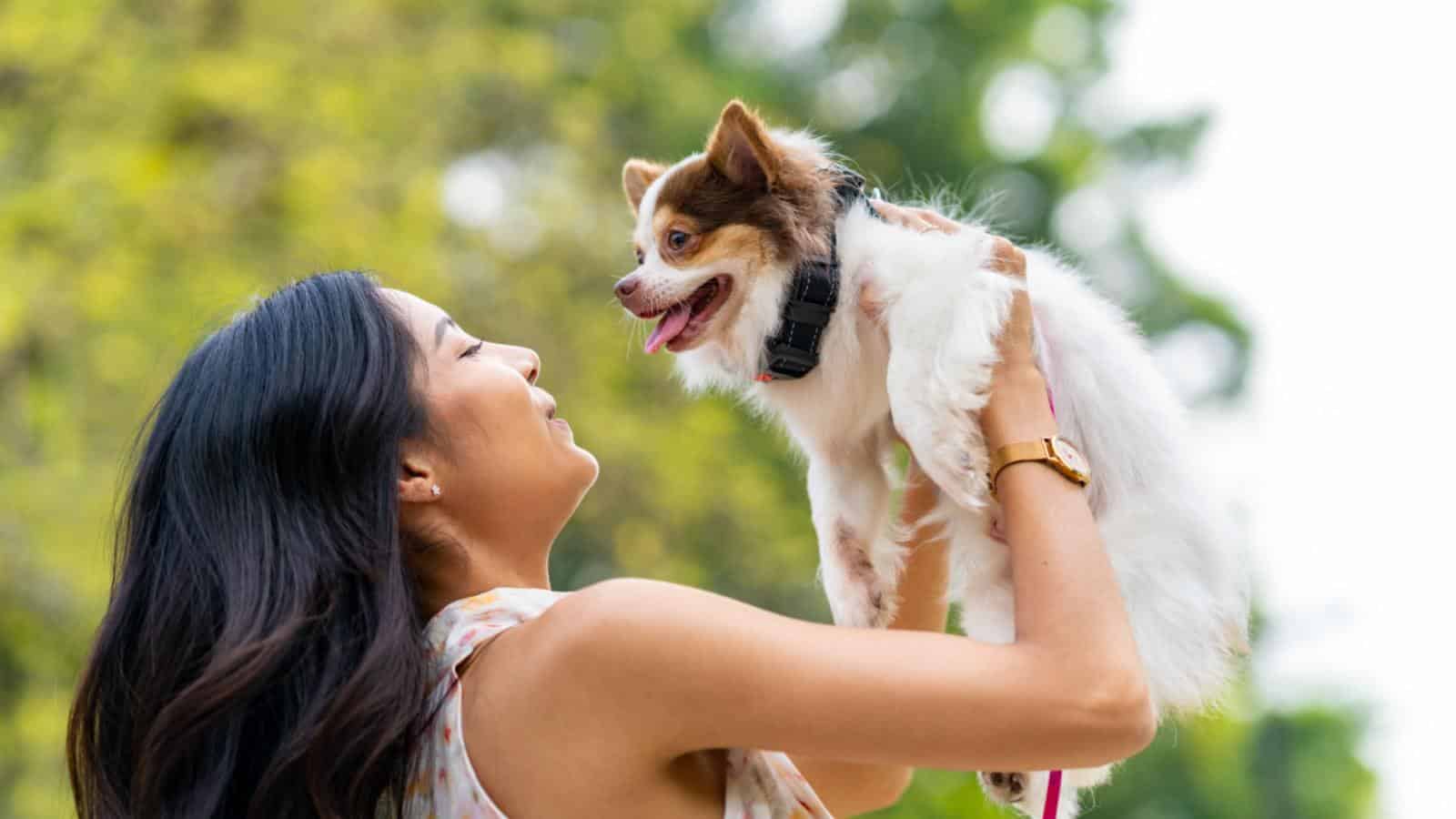 Woman carrying a dog outside