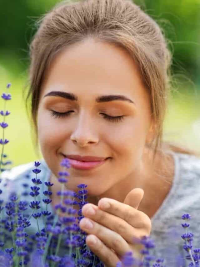 Woman bent down smelling blue flowers