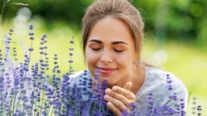 Woman bent down smelling blue flowers