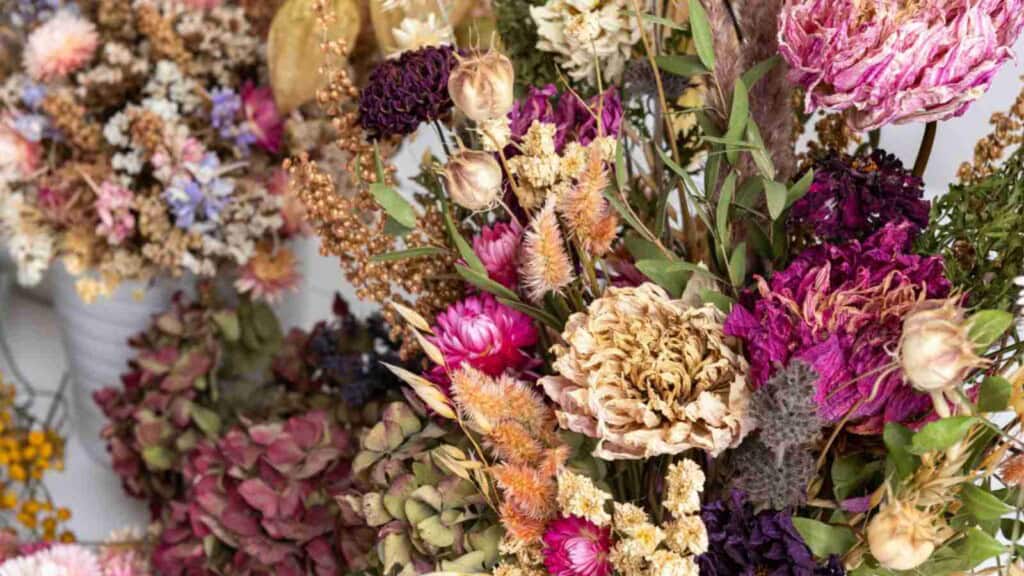 Closeup view of colorful Dried Flowers arrangement
