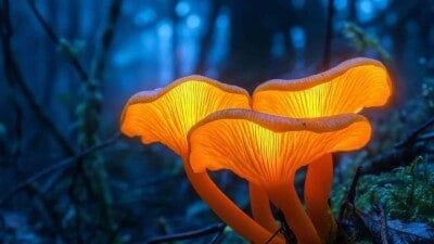 A close-up shot of a jack-o-lantern mushroom glowing in light