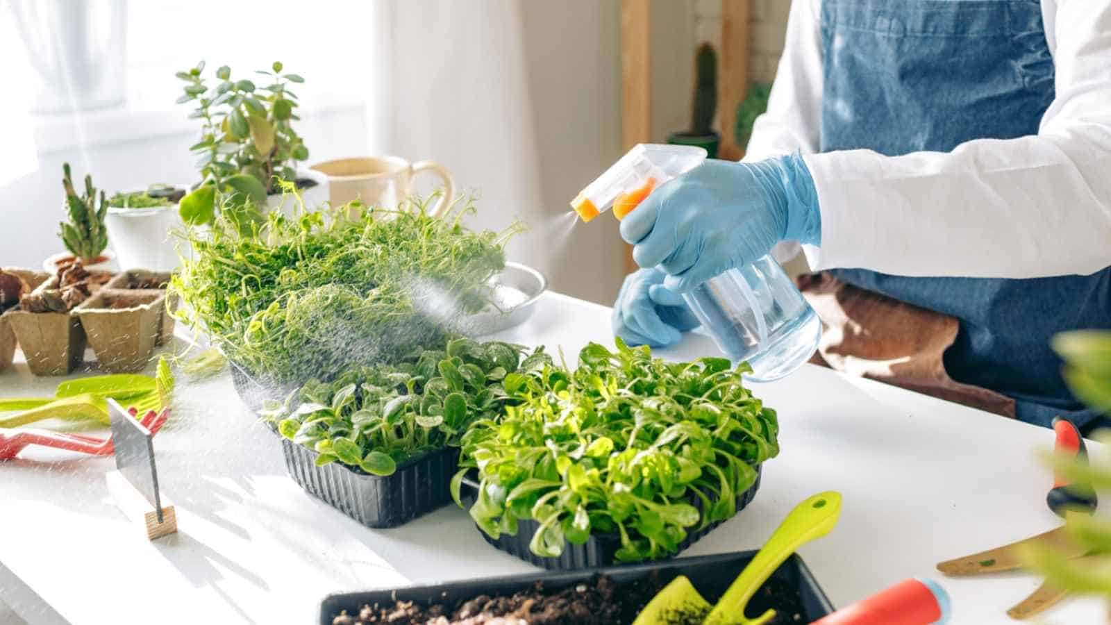 A close-up view of a gardener tending to microgreens indoor focusing on the delicate plant and the nurturing process