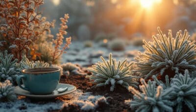 A serene winter garden with sunlight illuminating winter plants.