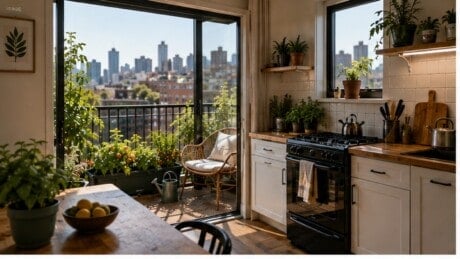 Apartment food garden divided between a sunny kitchen corner and a small balcony