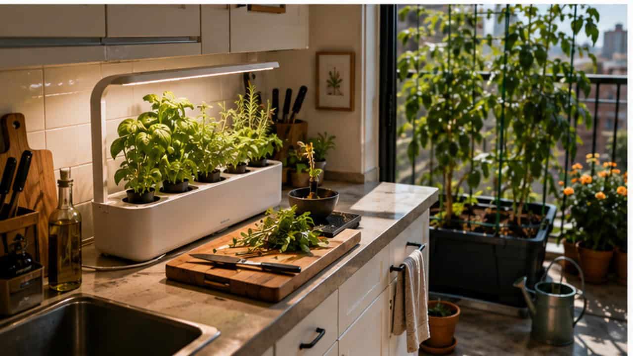 Cooking-focused apartment food garden with herbs under an indoor light and larger vegetable containers on the balcony