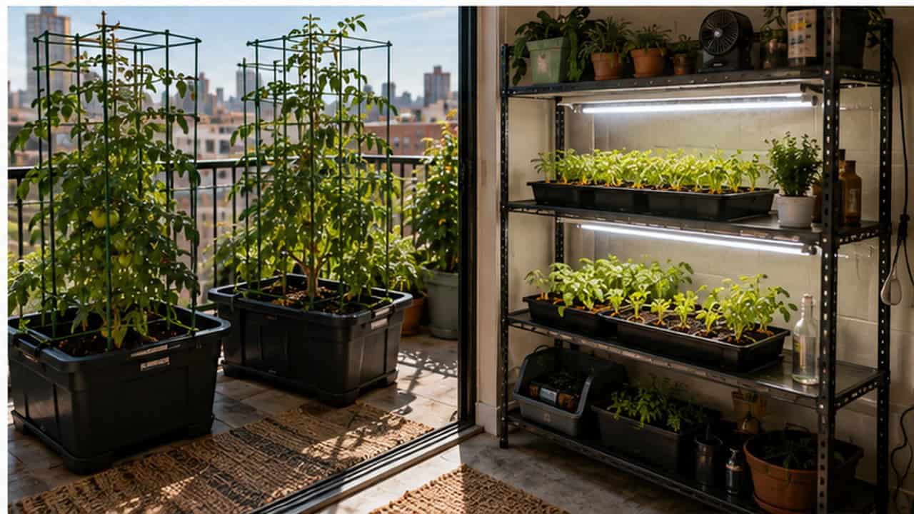 Production-focused apartment food garden with large balcony containers, freestanding trellises, and an organized indoor growing shelf