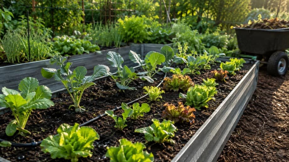 A tidy raised bed with spaced fall greens and black drip tubing on open, well kept soil.