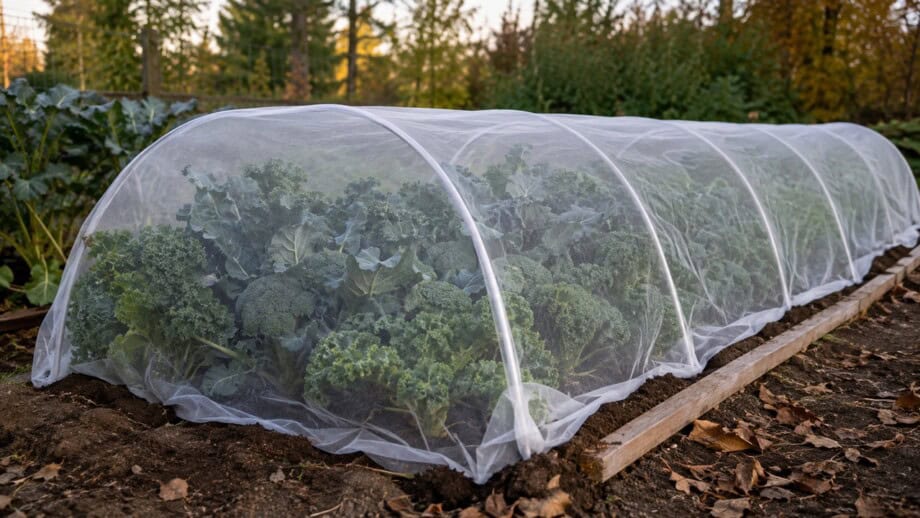 Fine white insect mesh covers a clean kale and broccoli bed with edges sealed at the soil.