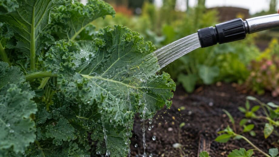 Gentle water stream rinses a small aphid colony from the underside of a kale leaf.