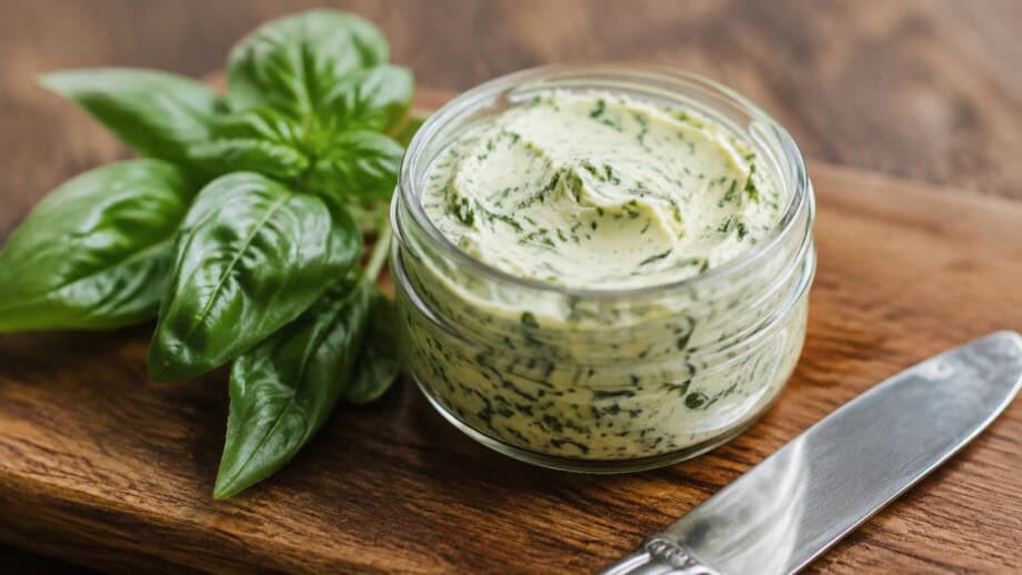 Basil-flecked compound butter in a small glass jar beside fresh basil leaves and a butter knife.