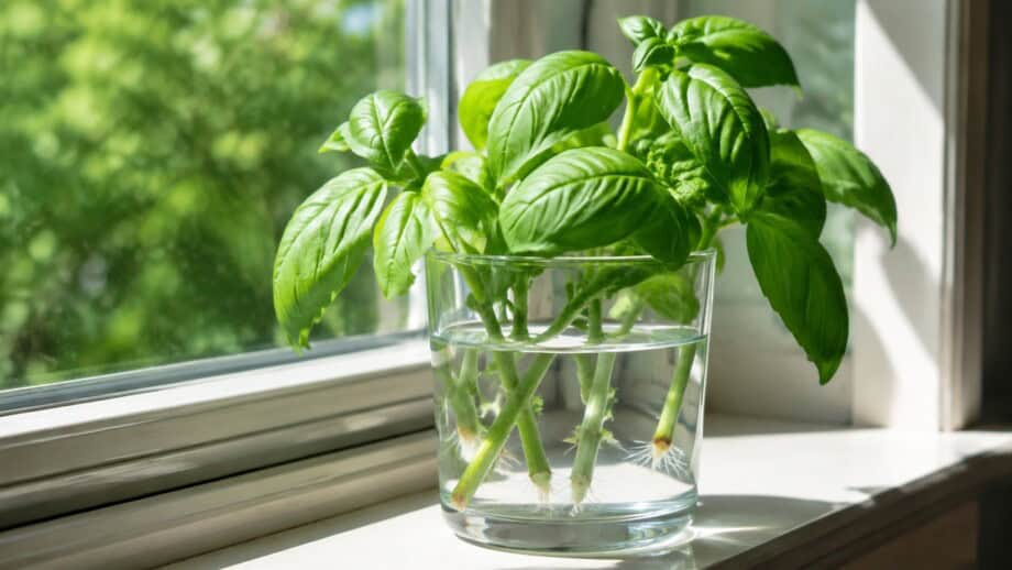 Healthy basil cuttings in a clear glass of water on a sunny windowsill with small white roots forming.