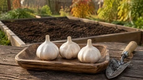 Sound garlic planting bulbs in a wooden tray beside a prepared raised garden bed in early fall.