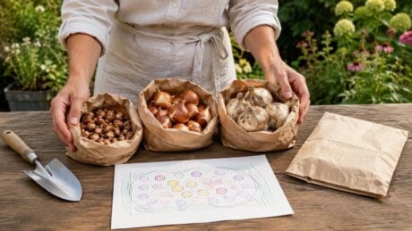 Gardener arranges healthy spring bulbs of several sizes beside a simple planting sketch on a garden table.