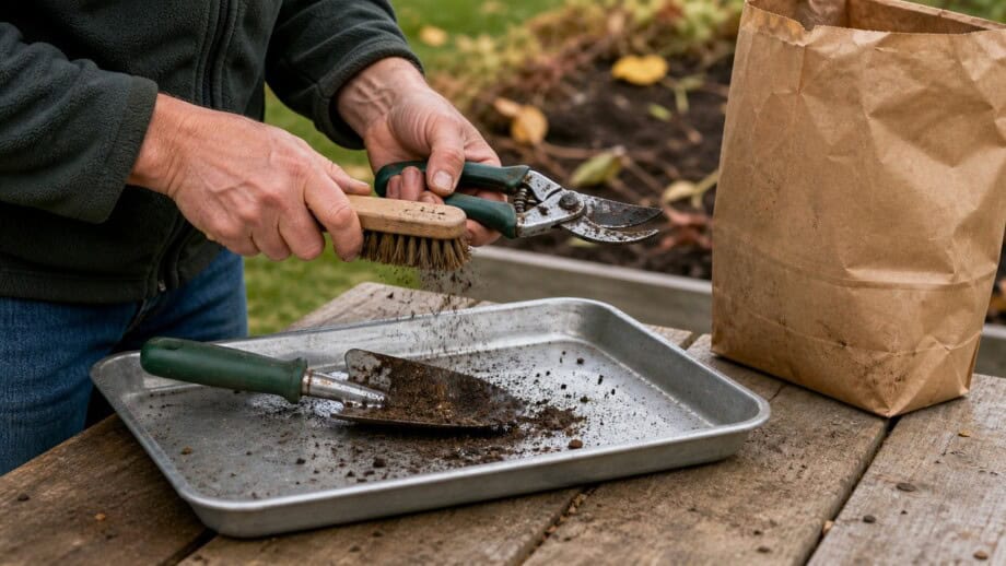 Gardener brushing soil from pruning shears above a collection tray.