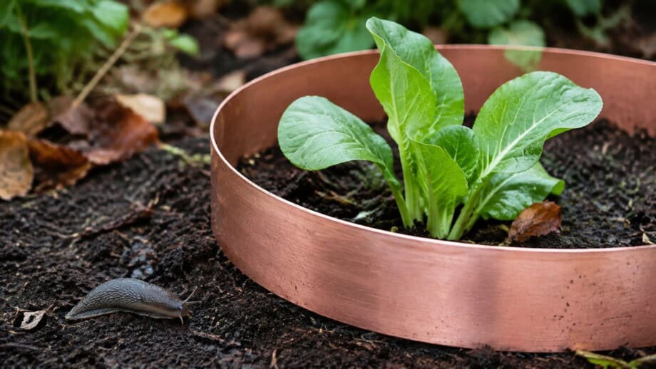 A small leafy seedling grows inside a clean copper collar while a gray slug remains outside the barrier.