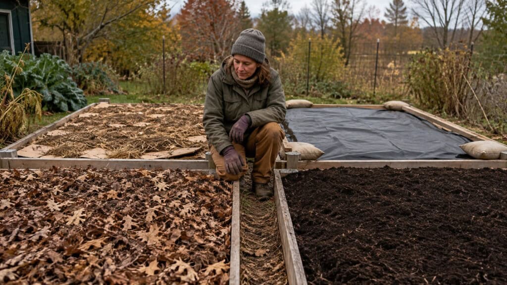 Gardener assessing adjacent raised beds covered with leaves, compost, cardboard under mulch, and a secured dark tarp.