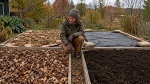 Gardener assessing adjacent raised beds covered with leaves, compost, cardboard under mulch, and a secured dark tarp.
