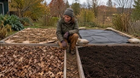 Gardener assessing adjacent raised beds covered with leaves, compost, cardboard under mulch, and a secured dark tarp.