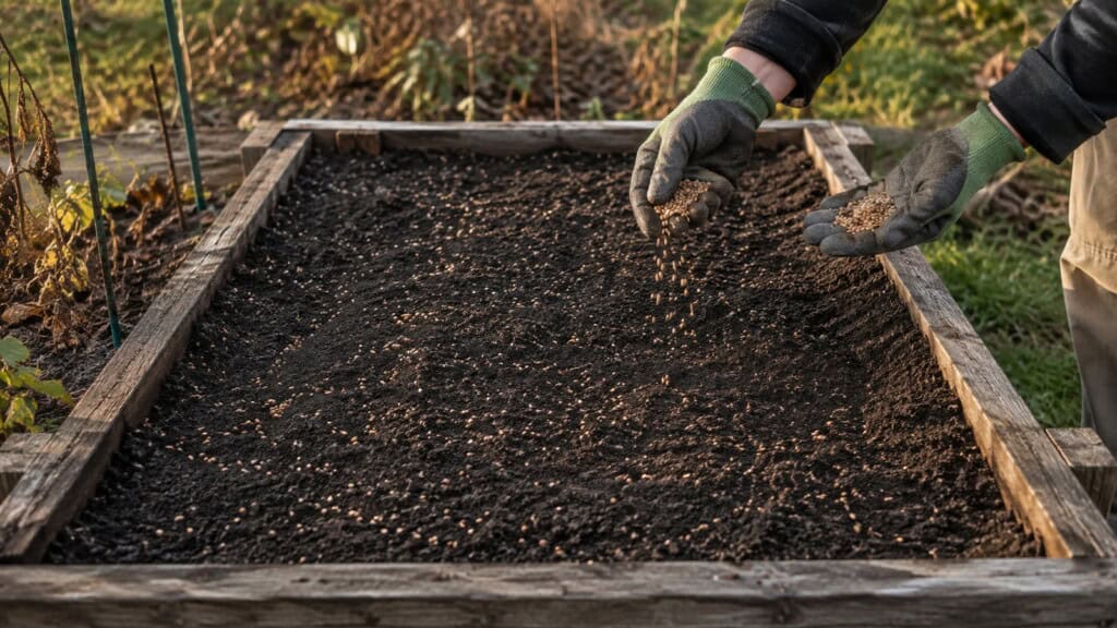 Gardener sowing cover-crop seed into a freshly cleared raised vegetable bed in fall.
