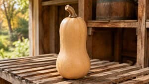 Mature butternut squash with intact stem resting on a dry slatted curing rack.