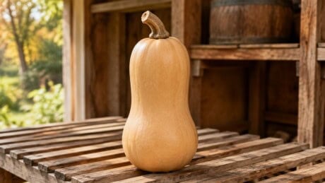 Mature butternut squash with intact stem resting on a dry slatted curing rack.