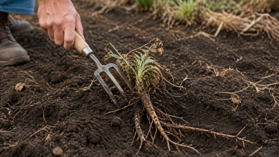 Hand fork loosening a perennial weed with long roots in garden soil.