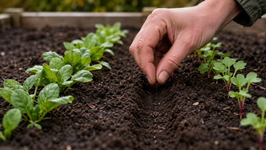 Tiny seeds being placed in a shallow garden furrow beside spinach and radish seedlings.