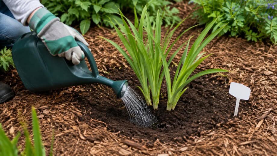 Gardener waters a newly replanted daylily division with mulch kept away from its crown.
