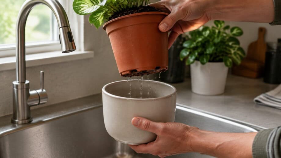 A draining terracotta inner pot held above an empty ceramic cachepot over a kitchen sink.