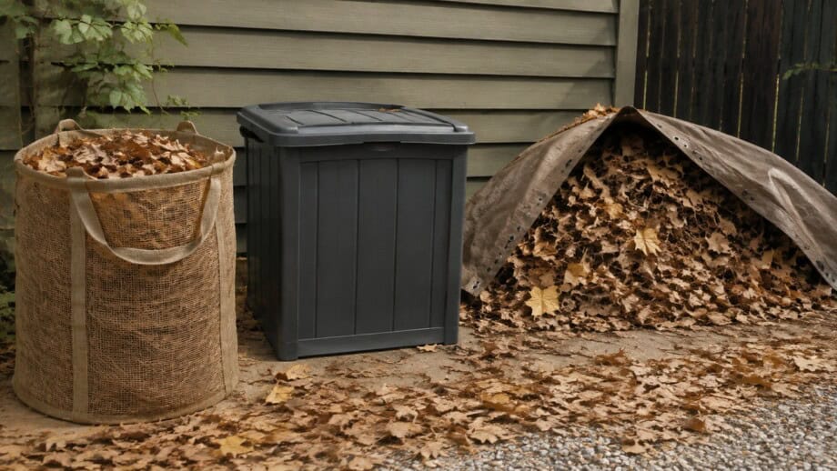 Dry leaves stored in a woven bag, a lidded bin and a covered outdoor pile.