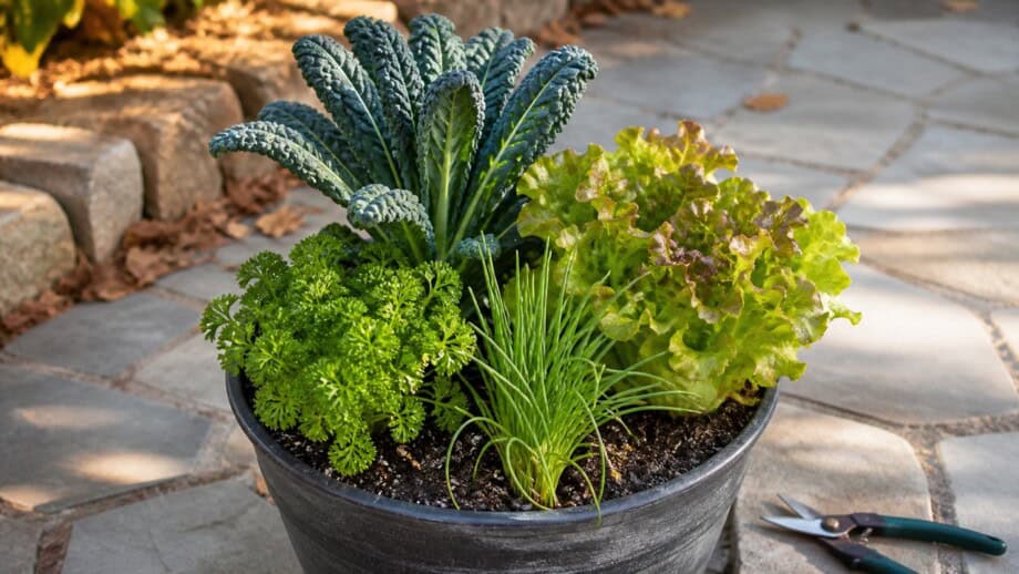 Kale, lettuce, parsley, and chives growing together in a black patio pot with snips nearby.