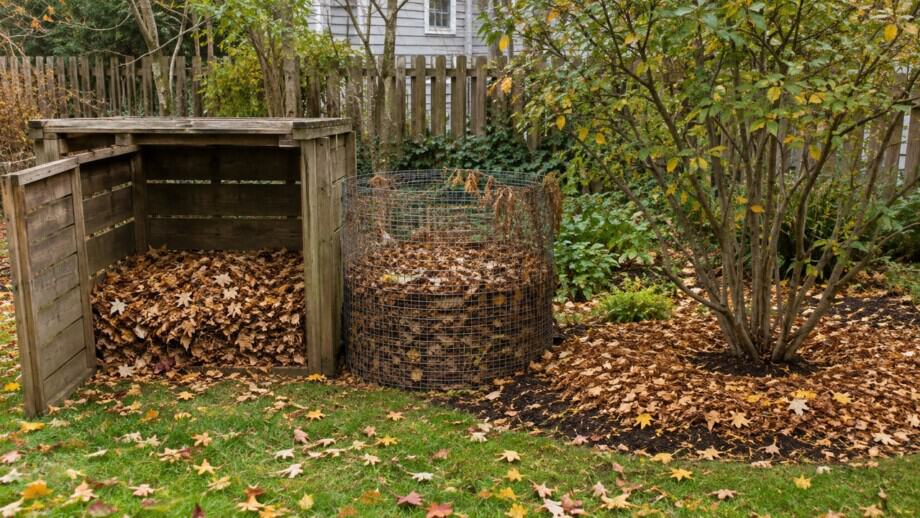 Clean autumn leaves are used for compost, leaf mold, and mulch around an established shrub.
