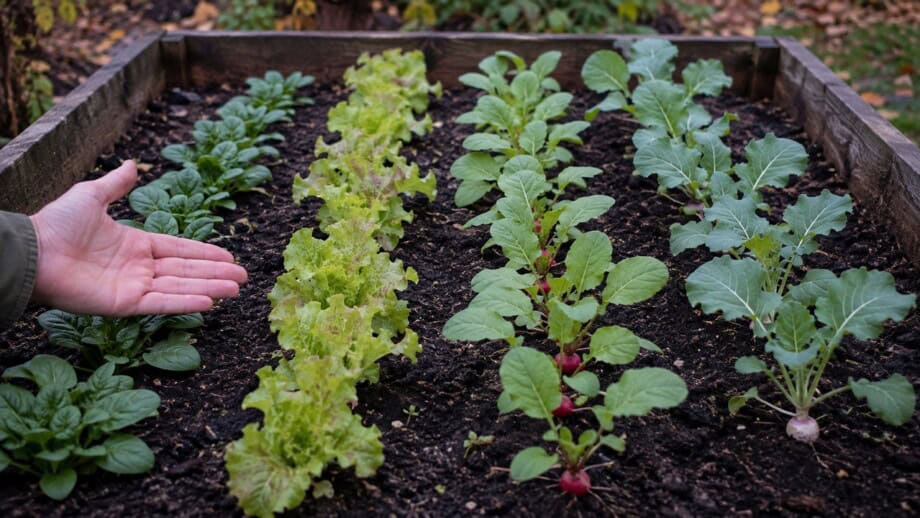 Spinach, lettuce, radish and turnip rows at different early fall harvest stages.