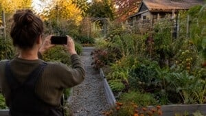 Gardener photographs a full backyard garden from a path on an early fall day.