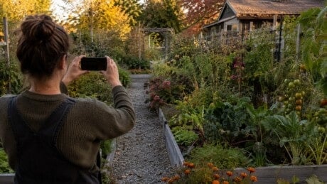 Gardener photographs a full backyard garden from a path on an early fall day.