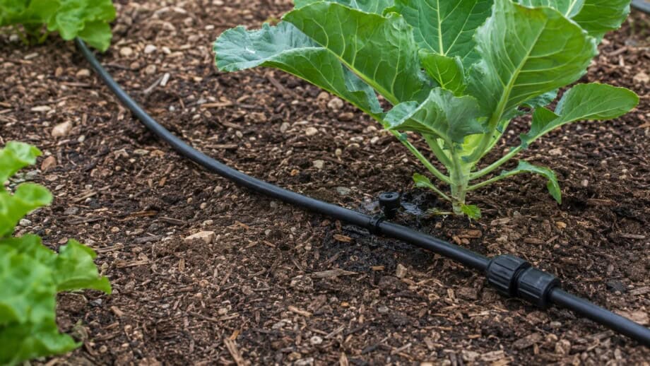 Drip irrigation line and emitter run through a mulched vegetable bed.