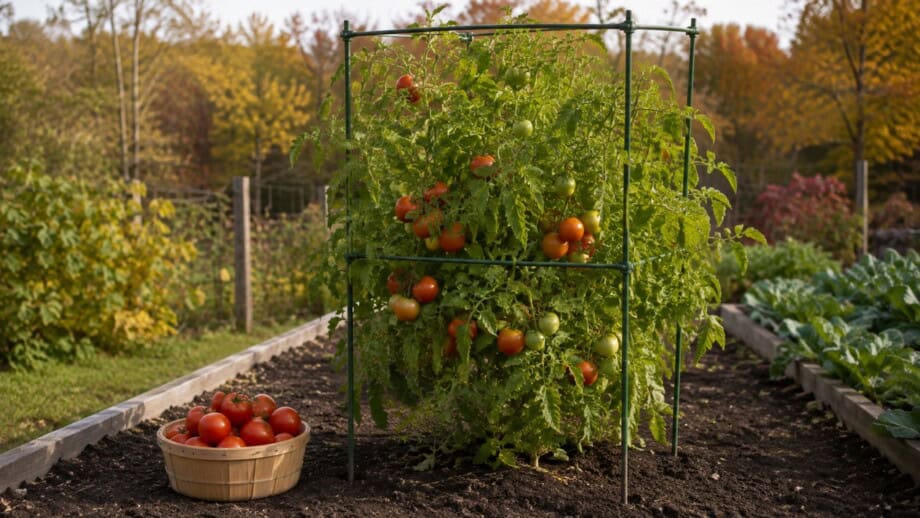 Sturdy tomato trellis supports a productive plant beside a basket of harvested tomatoes.