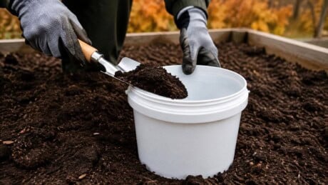 Gloved gardener uses a trowel to collect soil from a harvested raised bed into a white bucket.