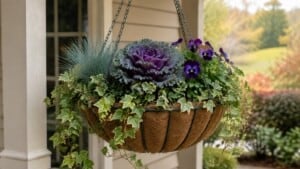 Fall hanging basket with trailing ivy, purple violas, ornamental kale, and blue grass on a porch.