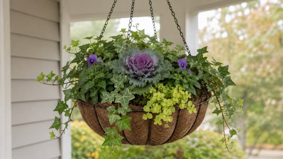 English ivy, violas, creeping Jenny, and ornamental kale in a shade fall hanging basket.