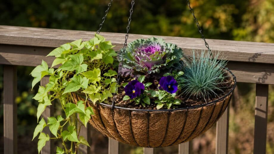 Ornamental kale, purple pansies, blue fescue, and sweet potato vine in a fall hanging basket.