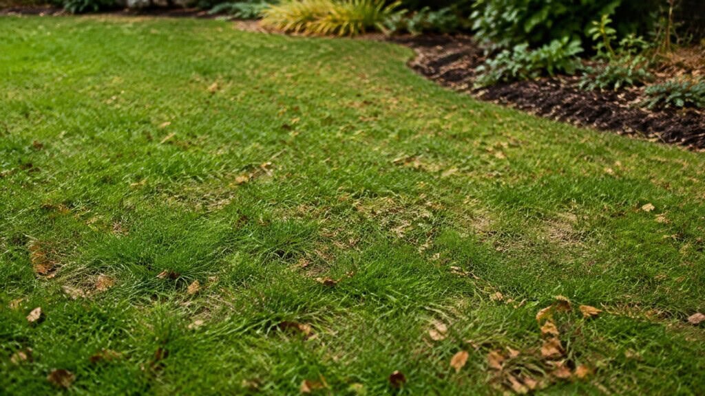 Cool season lawn with thin areas and finely shredded leaves in early fall.