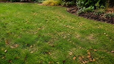 Cool season lawn with thin areas and finely shredded leaves in early fall.