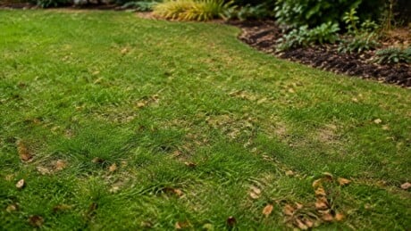 Cool season lawn with thin areas and finely shredded leaves in early fall.