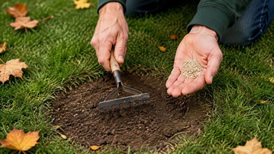 Cool season lawn with thin areas and finely shredded leaves in early fall.